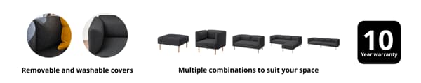 Close-up of modular sofa with removable dark grey fabric covers, followed by modular seating components in various configurations including single seat, corner unit, and L-shaped setup. Text reads 'Removable and washable covers' and 'Multiple combinations to suit your space'. Icon on the right shows '10 Year warranty' in bold.