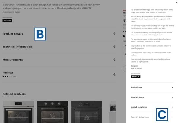 Close-up of the product information section 