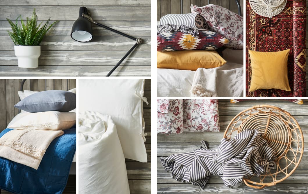 Collage d’images présentant les accessoires d’aménagement intérieur IKEA pour décorer une chambre à coucher en style rustique ou chic boho.