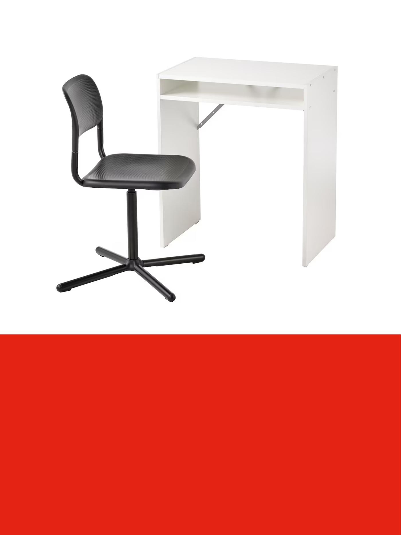 Compact white desk paired with a black swivel chair, displayed against a light background above a red promotional banner.