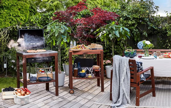 Cooking on the BBQ on the wooden patio 