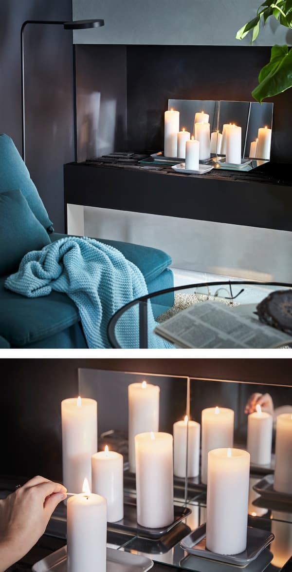 Create your own deco! Place block candles on top of some mirrors. Try IKEA FENOMEN white unscented block candles!