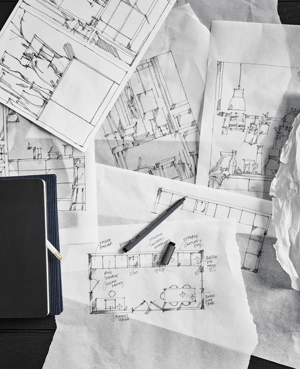 Croquis et configurations pour une cuisine de décorateur.