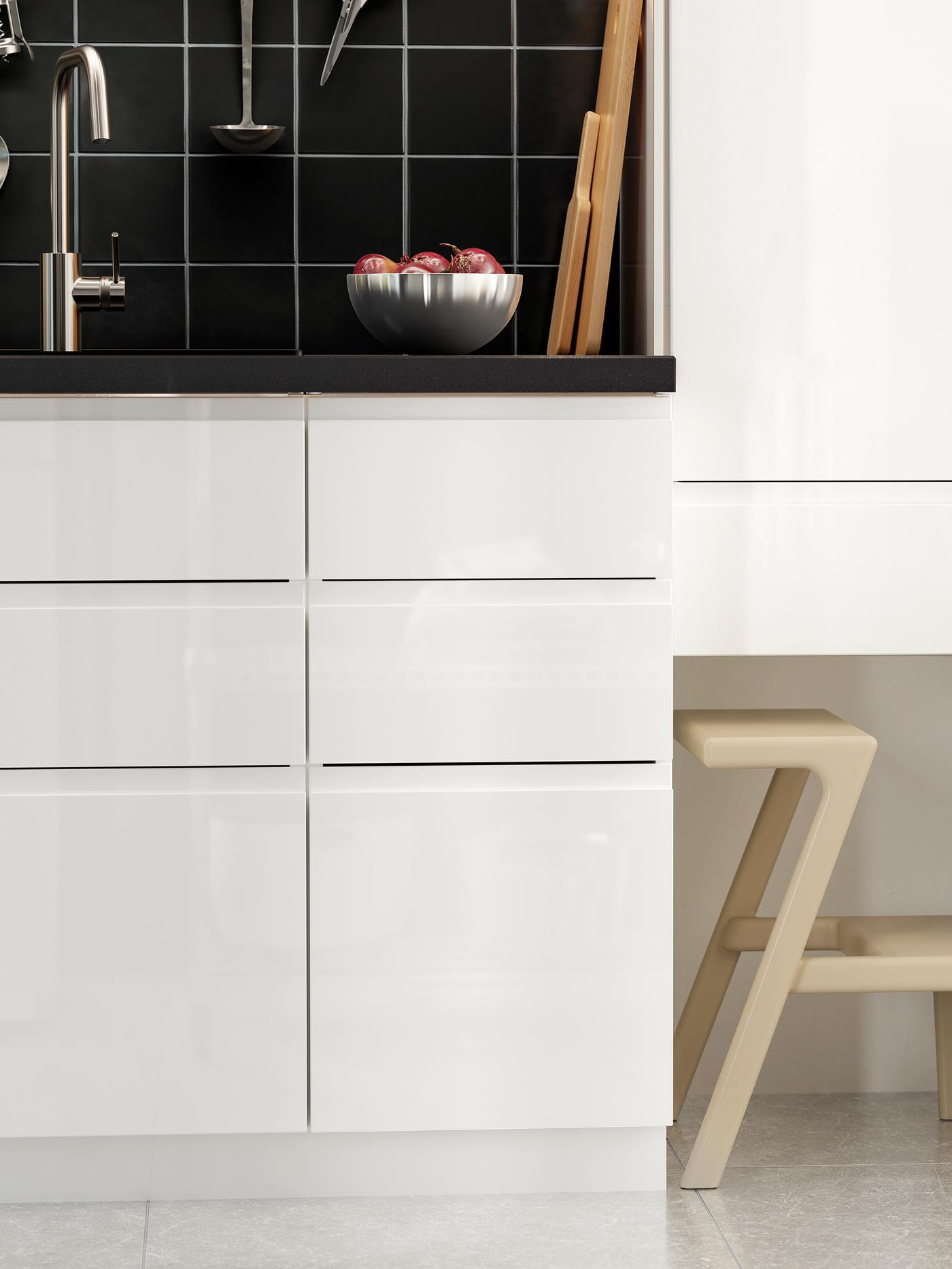 Cucina con piano di lavoro nero effetto pietra, frontali cassetto bianchi e pensile alto bianco con scaletta/sgabello sottostante - IKEA