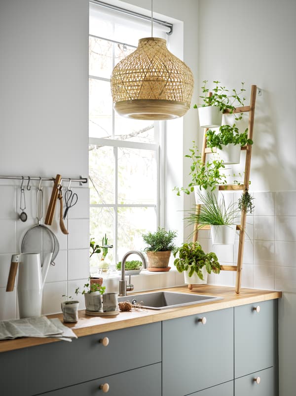 Cucina con un supporto da parete con 5 portavasi SATSUMAS in bambù appoggiato sul piano di lavoro davanti a una finestra.