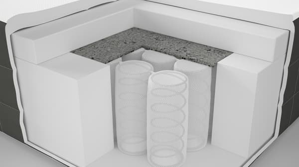 Cut-out section of spring mattress showing pocket springs under reinforced foam.