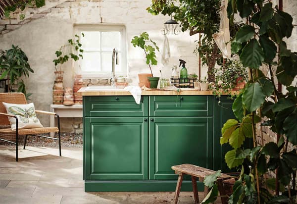 Dapur yang cerah yang dipenuhi tumbuh-tumbuhan dengan bahagian hadapan pintu berwarna hijau yang menarik.