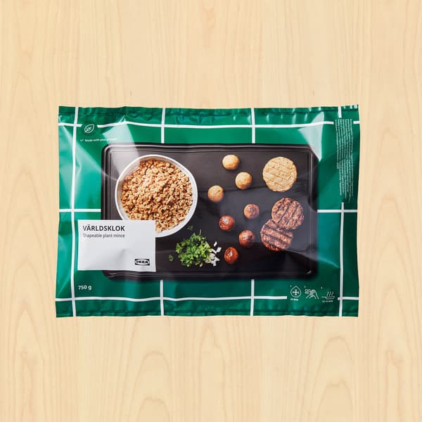 Dark green packet showing VARLDSKLOK shapeable plant minced, 750g.