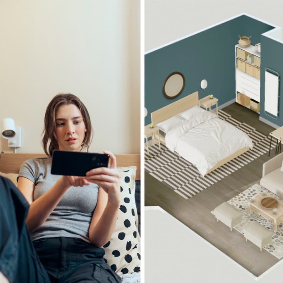 Das Bild ist geteilt. Links ist eine Frau zu sehen, die ihr Smartphone benutzt und recht ein virtuelles Schlafzimmer.