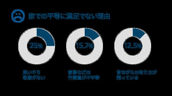 家での平等に満足できない理由：思いやり敬意がない25%、作業量の不平等15.7%、昔ながらの在り方12.5%