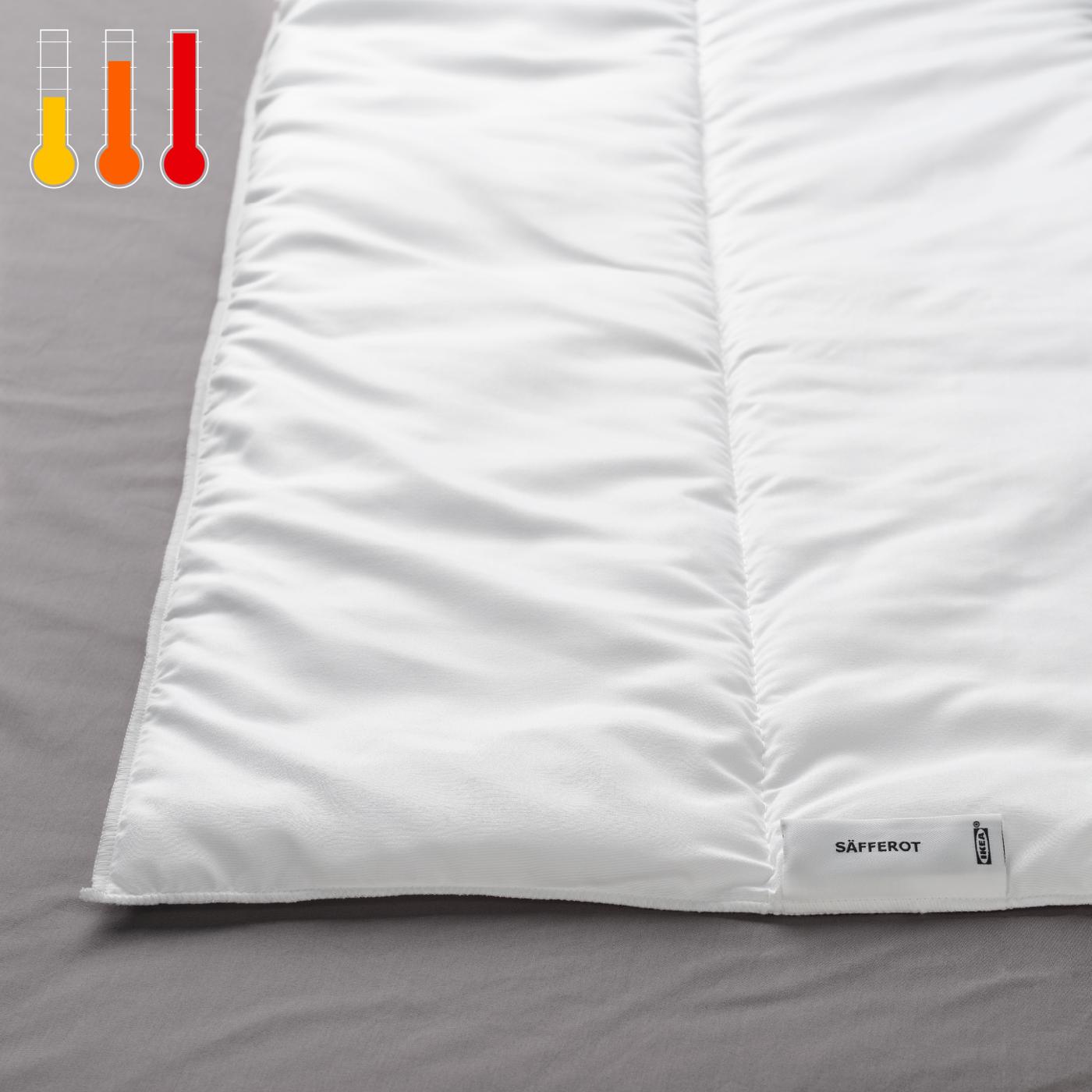 Detalle de una cama, se muestra en primer plano un plumón SÄFFEROT y en la esquina superior izquierda un termométro ''tibio''.'.