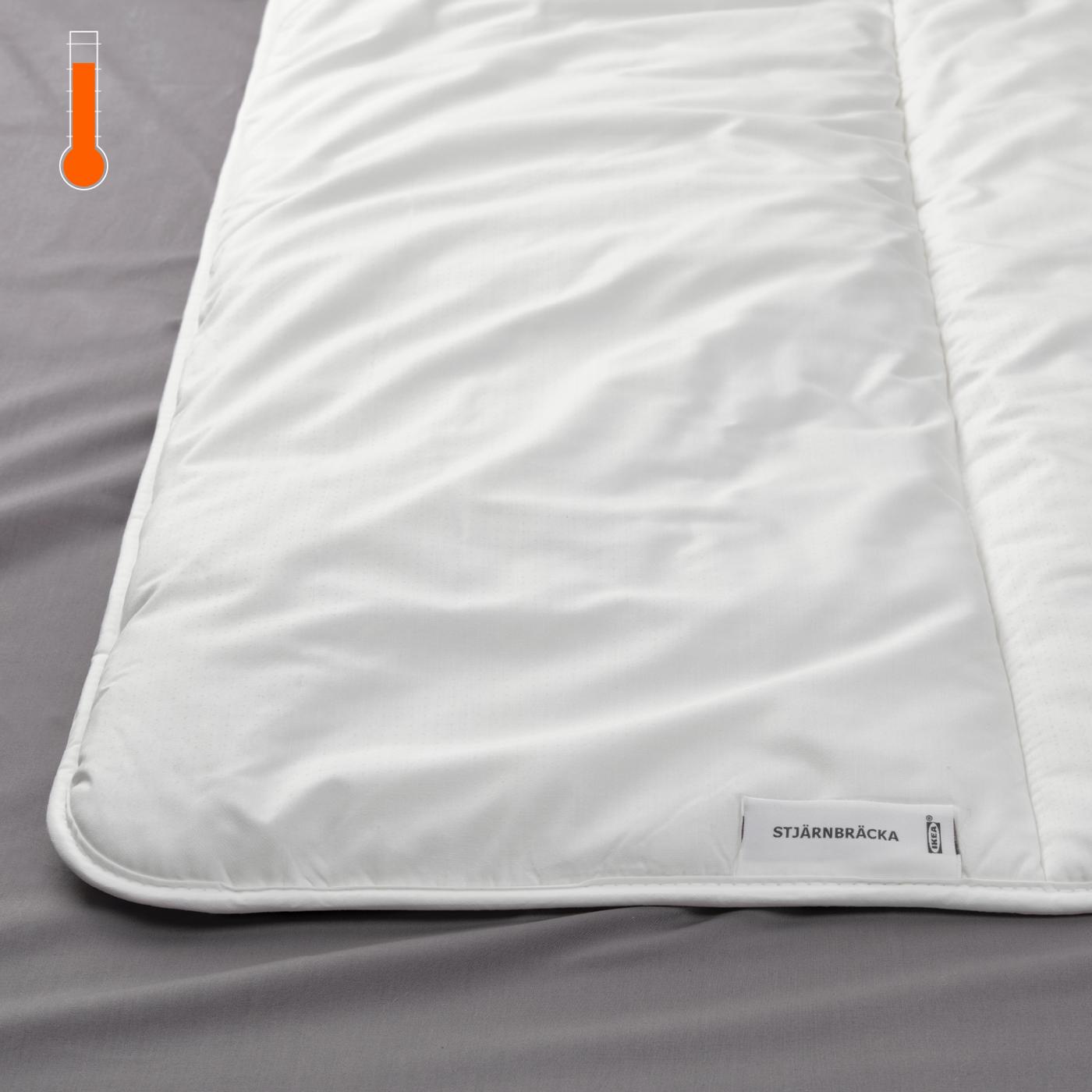 Detalle de una cama, se muestra en primer plano un plumón STJÄRNBRÄCKA y en la esquina superior izquierda un termométro ''caliente''.