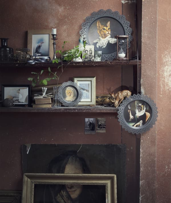 Deux étagères décorées de toute une série de bibelots et de photos, dont les décorations SKURAR.