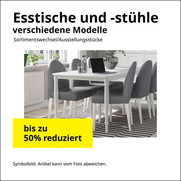 Die Esstische und -stühle, verschiedene Modelle, sind bis zu 50% reduziert