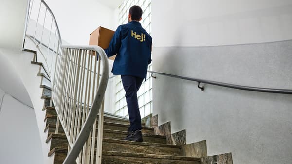 Dostavljalec je prinesel paket - nese ga po stopnicah.