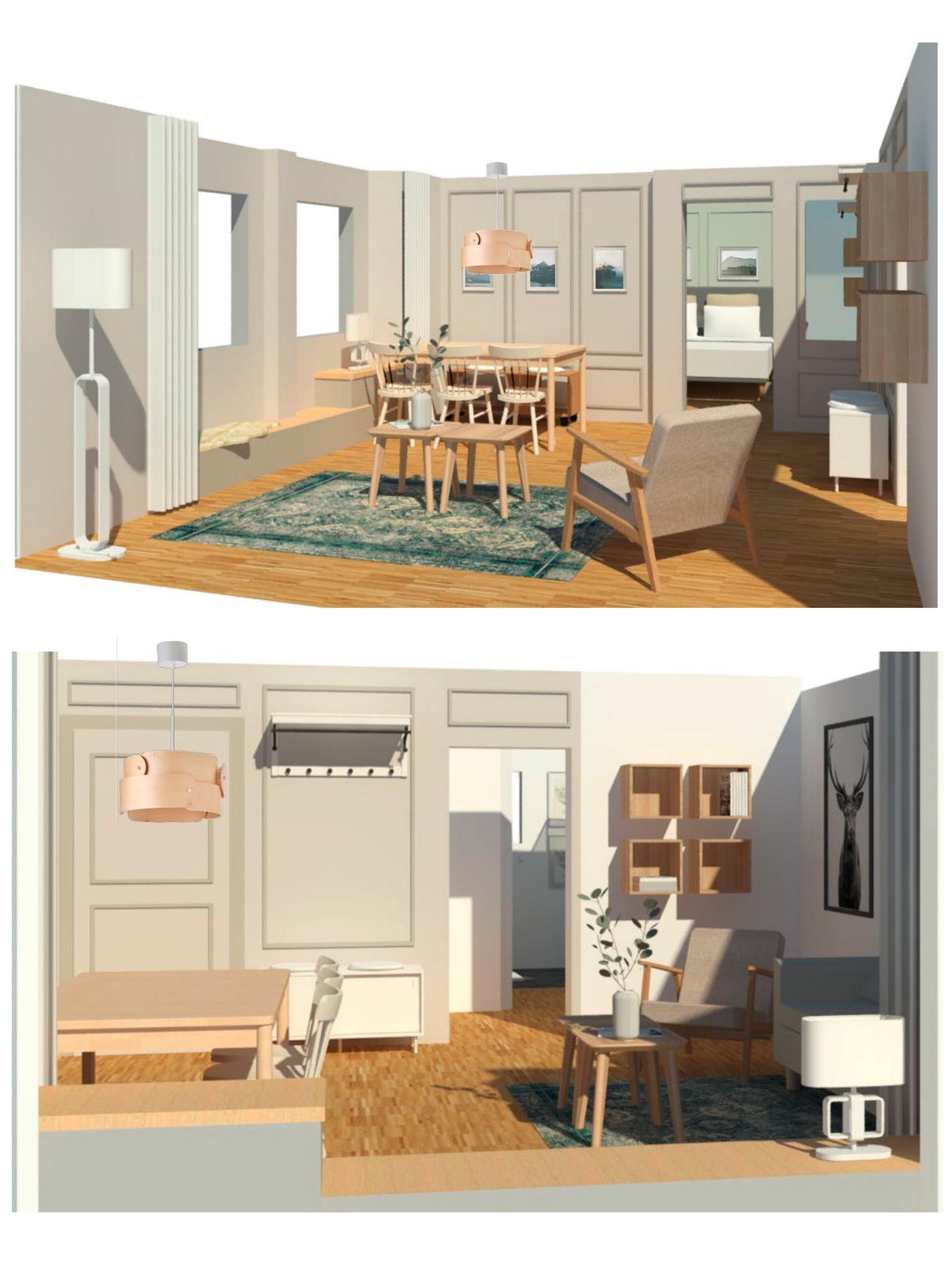 Due viste 3D di un soggiorno e una sala da pranzo che mostrano l'arredamento previsto.