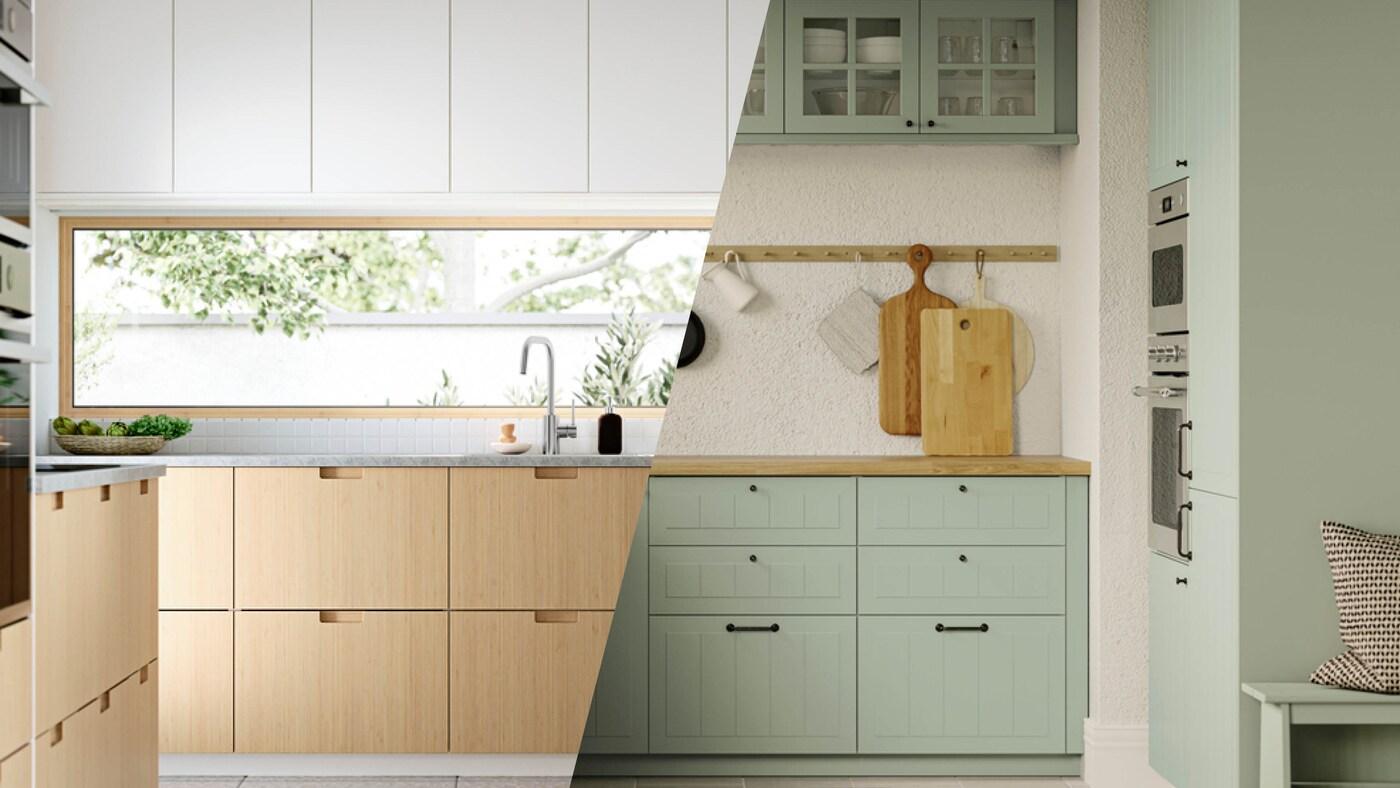 Een keuken met FORSBACKA fronten in eikenfineer, inclusief een glazen deurkast met verschillende keukenbenodigdheden erin.