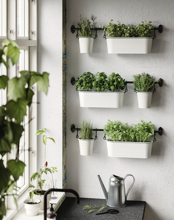 Egouttoirs à couverts et range-épices fixés à des barres de support FINTORP servent de jardinière
