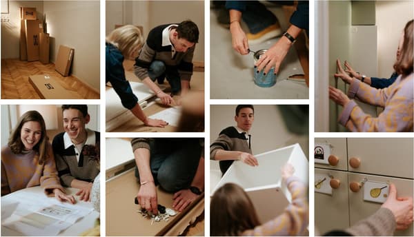 Ein Bild, das eine Collage von vielen Schritten einer Planung gemeinsam mit einem IKEA Mitarbeiter zeigt.