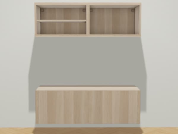 Ein Holz Besta Regal das auf dem Boden steht  mit kelinen Regalen darüber.