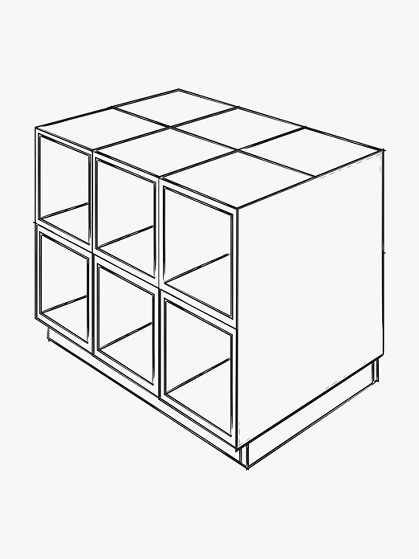Ein Schwarz-Weiss-Abbildung der Korpusse, die eine Kücheninsel bilden, mit jeweils einer 80 cm x 80 cm grossen Deckseite an den Seiten rechts und links.