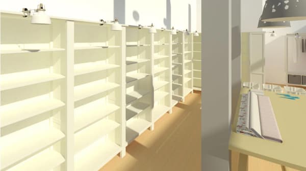 Eine 3D-Ansicht von einem Laden mit offenen Regalen aus einem Planungsprogramm