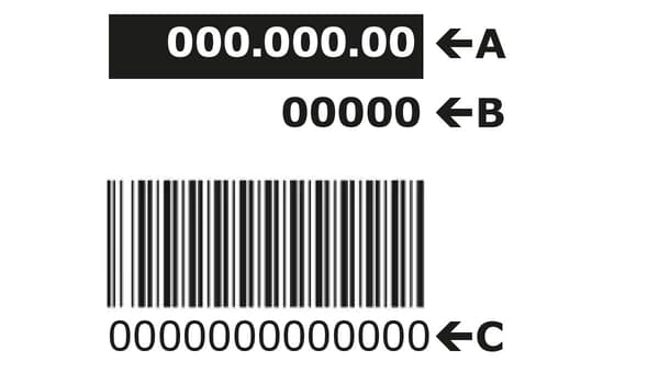 Eine Grafik eines Herstellerlabels auf einem Elektrogerät von IKEA. Die obere 8-stellige Nummer A steht für die Artikelnummer, die 5-stellige Nummer  B darunter ist die Herstellernummer und die Nummer C unter dem Barcode ist die Servicenummer.