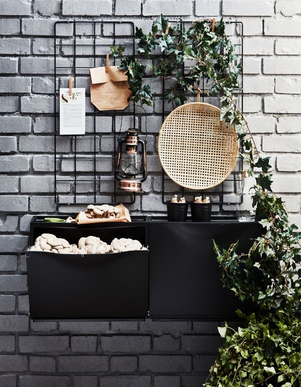 Eine IKEA TRONES Aufbewahrung in Schwarz an einer Backsteinwand. Heraus wachsen Pilze.
