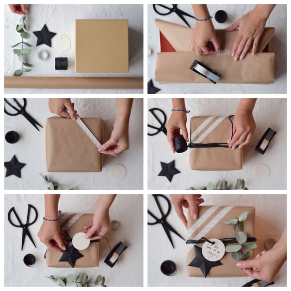 Emballer un cadeau pas à pas avec du papier kraft, du papier collant, du ruban et des décorations