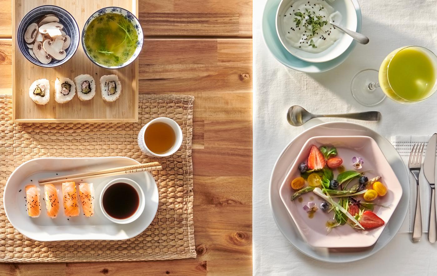 Ena miza, pogrnjena na dva načina – za suši z belim ovalnim krožnikom in za solato z roza šesterokotnim krožnikom.