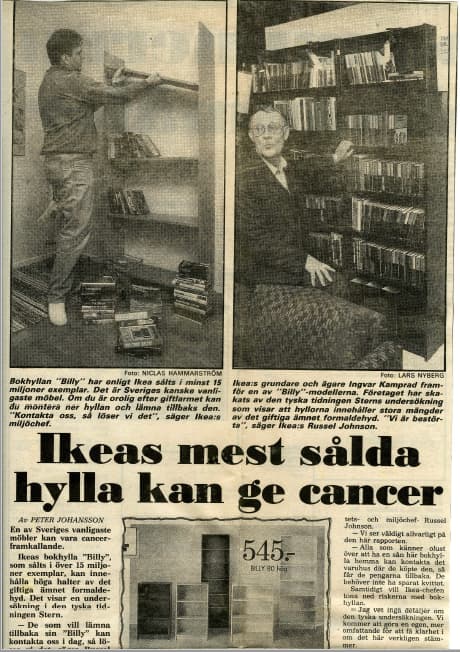 Ett gammalt tidningsurklipp om IKEA med rubriken IKEAs mest sålda hylla kan ge cancer. 