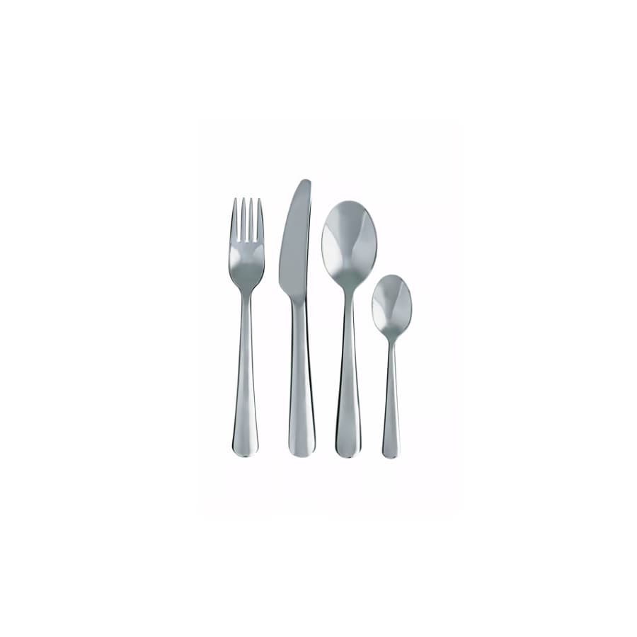 Ett set av bestick i rostfritt stål, inklusive gaffel, kniv, sked och tesked.