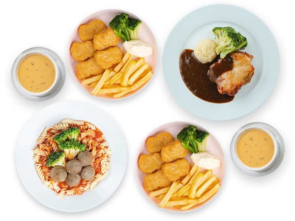 Family Combo: Chicken Chop, Pasta with Meatball, 2 Mushroom Soup & 2 kids Chicken Nuggets
