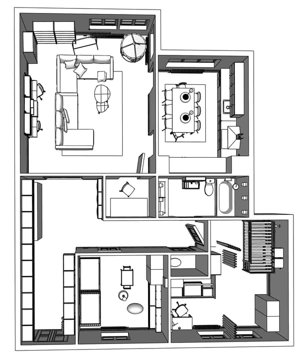 Floorplan of a model two-bedroom apartment.