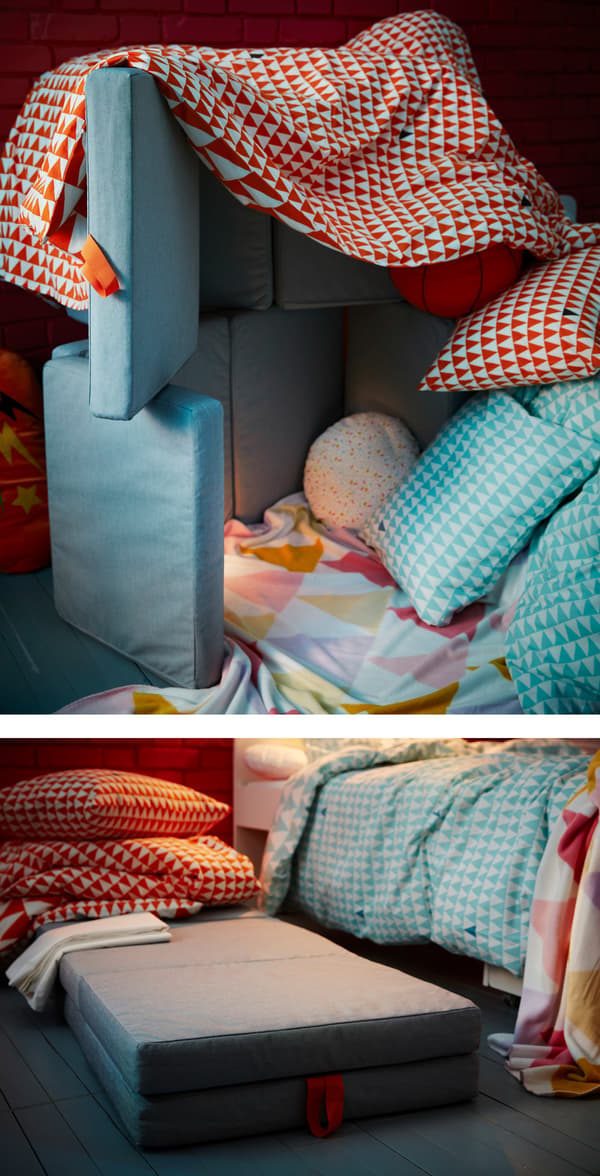 Fold IKEA SLÄKT children’s play mattresses, cover with STILLSAMT turquoise triangle patterned quilt and pillowcase, and viola! You have a fort. Add soft bean bag cushions for comfort and to keep the fort steady.