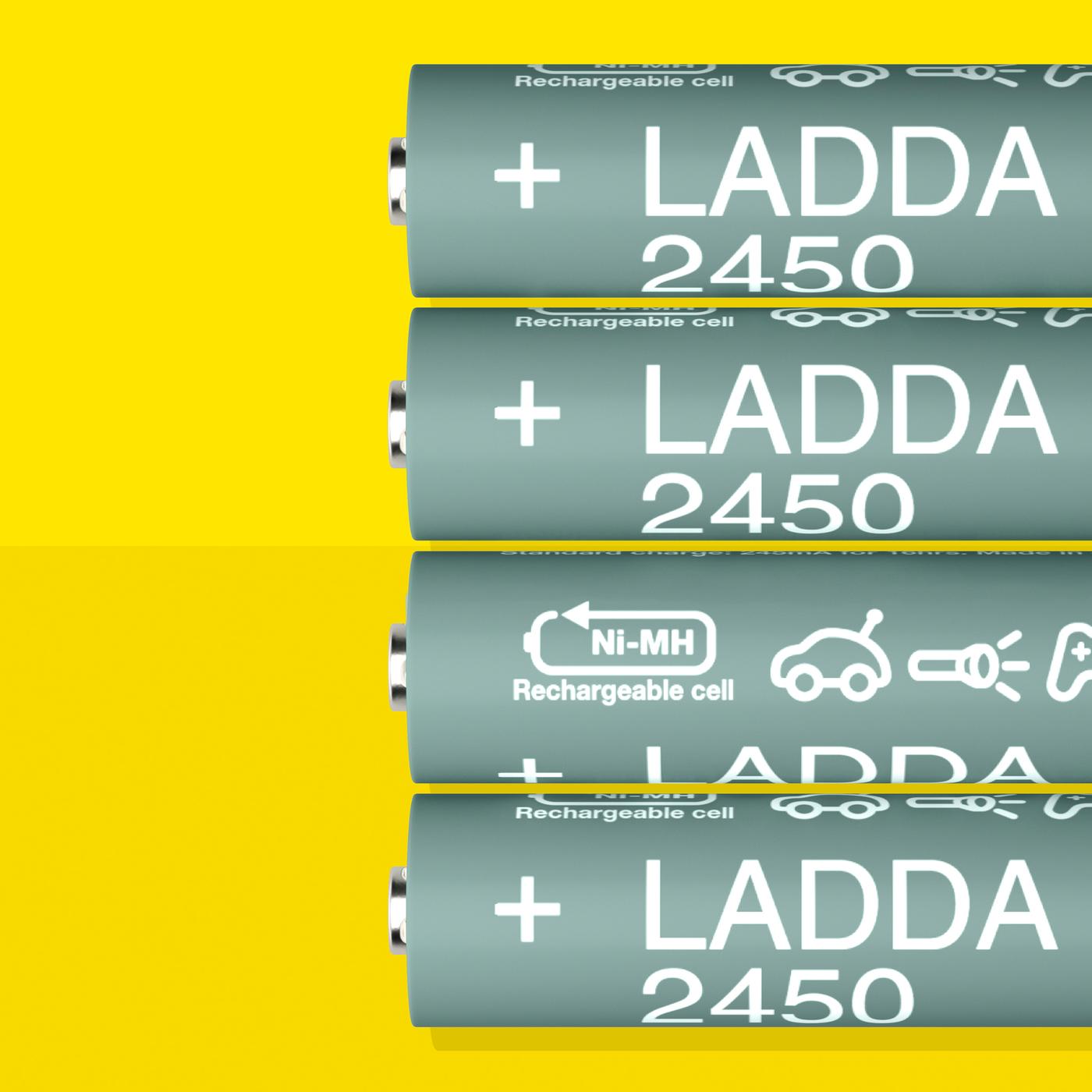 Four LADDA rechargeable batteries, HR6 AA with a battery capacity of 2450 mAh, lie in a row on a yellow surface.