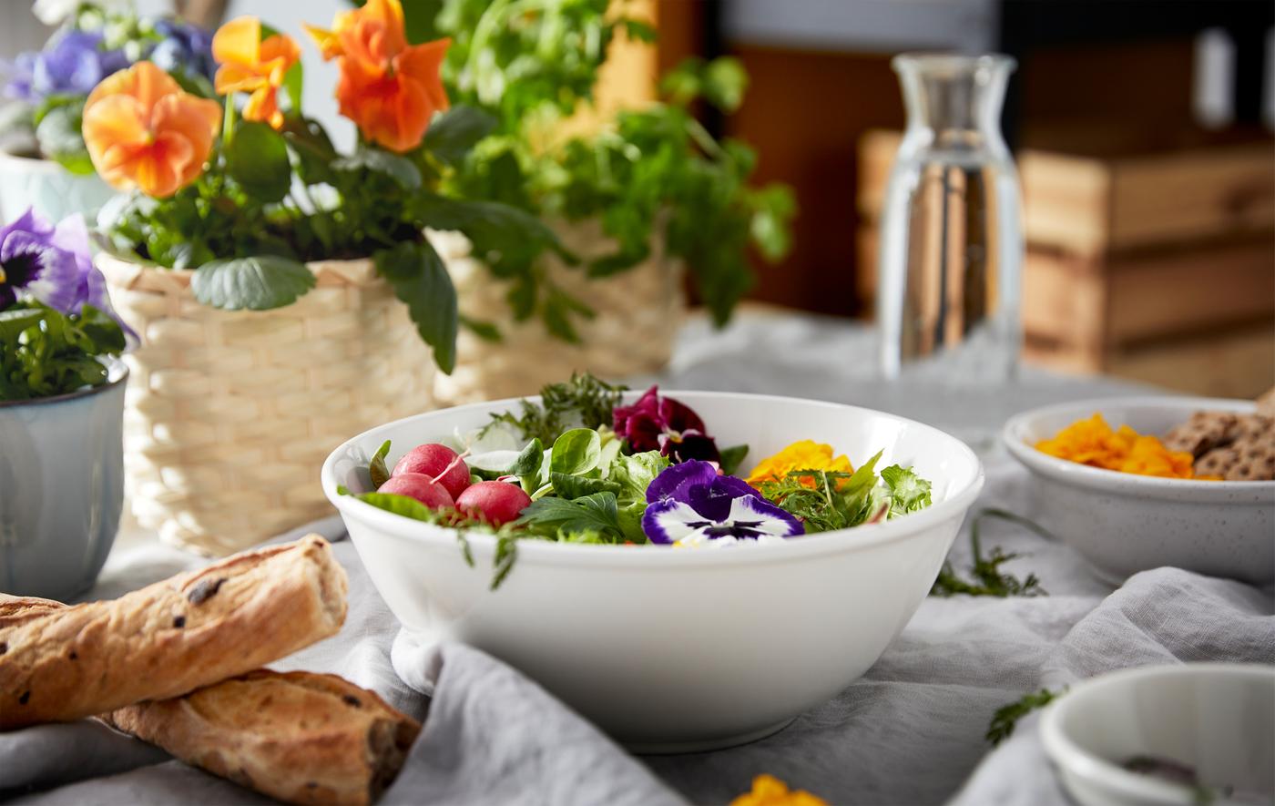 Frühstückstisch mit verschiedenen Brotsorten, einem Blumentopf und einer Schüssel mit garniertem Salat
