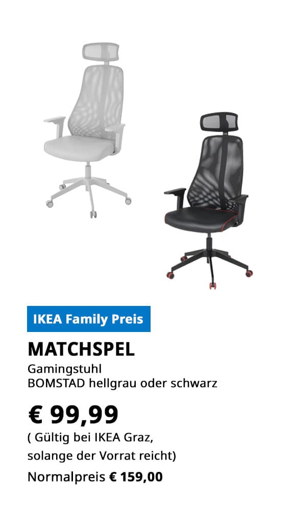 Gamingstuhl Matchspel, Bomstad hellgrau oder schwarz, statt € 159  zum IKEA Family Preis von 99,99.