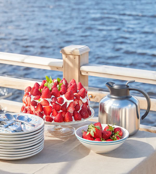 Gâteau aux fraises, bol de fraises et cafetière, sur une table, avec le lac en arrière-plan.