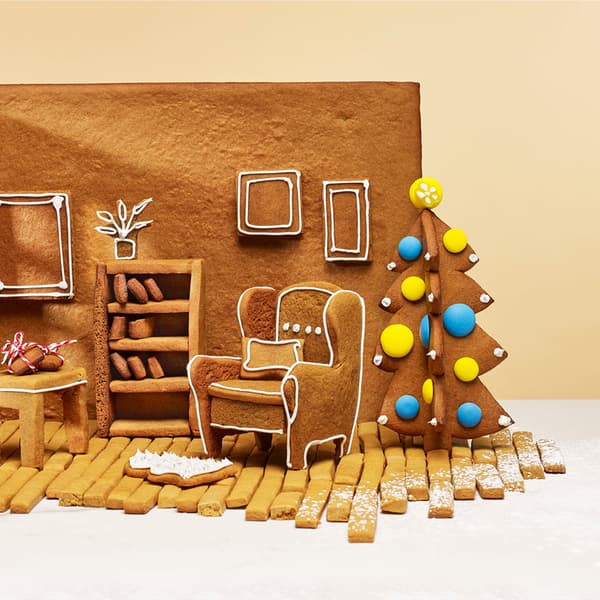 Gingerbread house interior being constructed