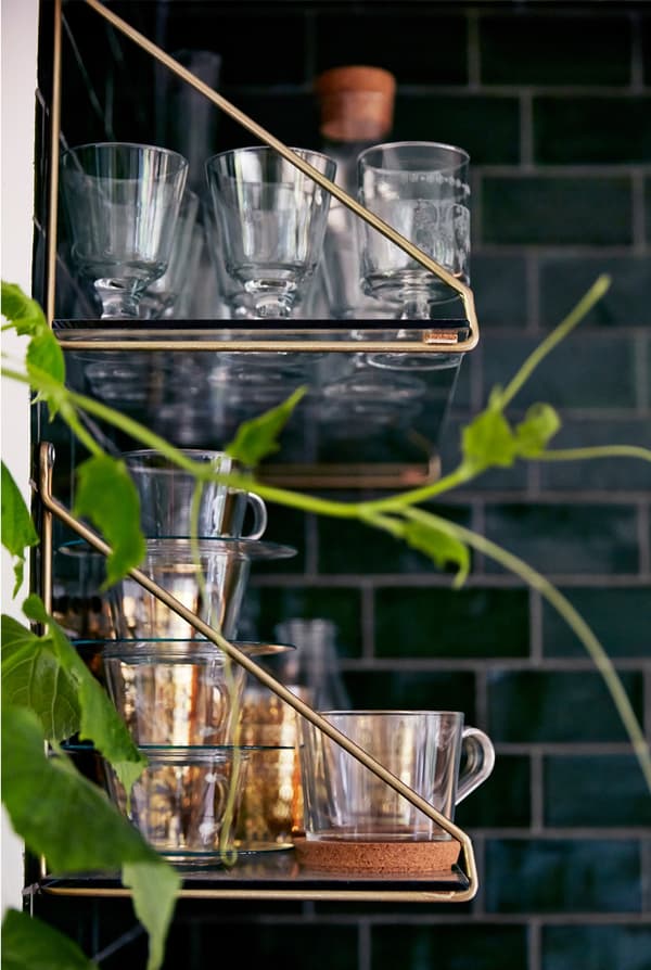 Glasses on display on a wire and glass shelf. There’s a plant in the foreground and a black tile wall in the background.