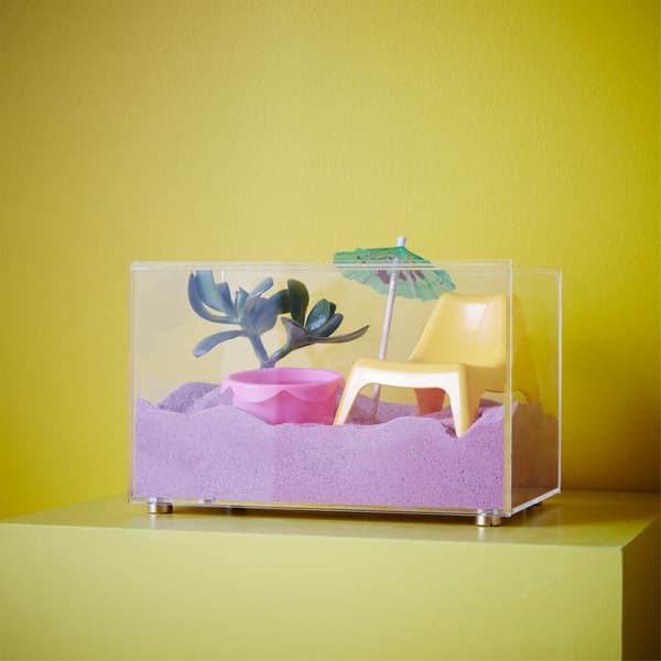 Got a display box that you’d like to use? You can turn BJÖRNARP display box from IKEA into a desktop beach in a box. It’s clear acrylic with a sliding lid, so you can see the scene and keep sand in until you’re ready to play a bit.