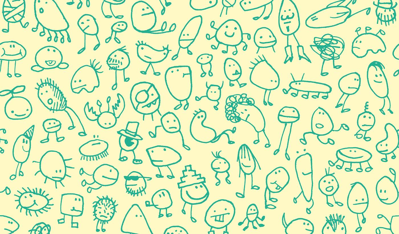 Green funny kids’ drawings of fantasy creatures on a yellow background.