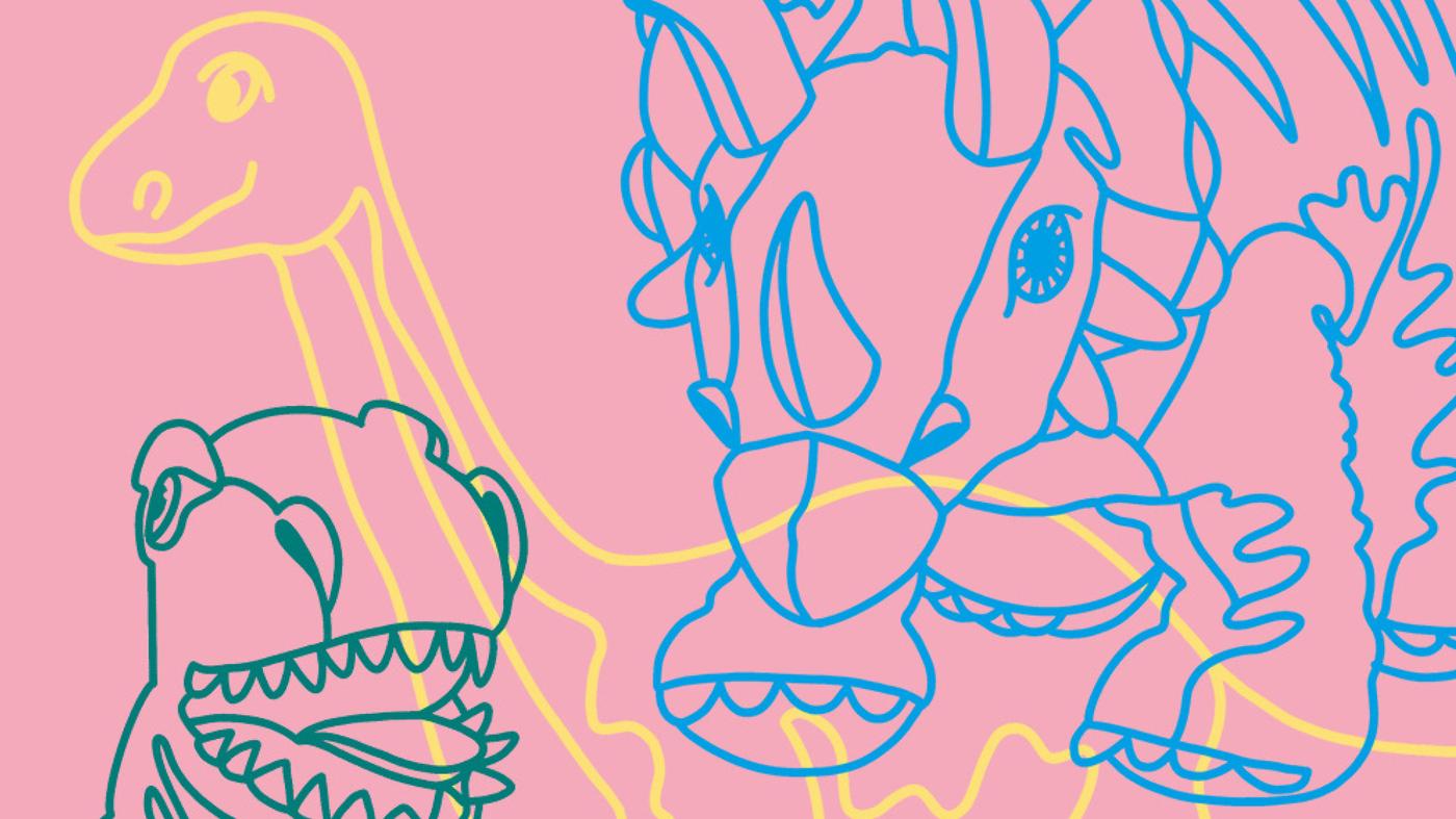 Green, yellow and blue JÄTTELIK dinosaur drawings on top of a pink background.