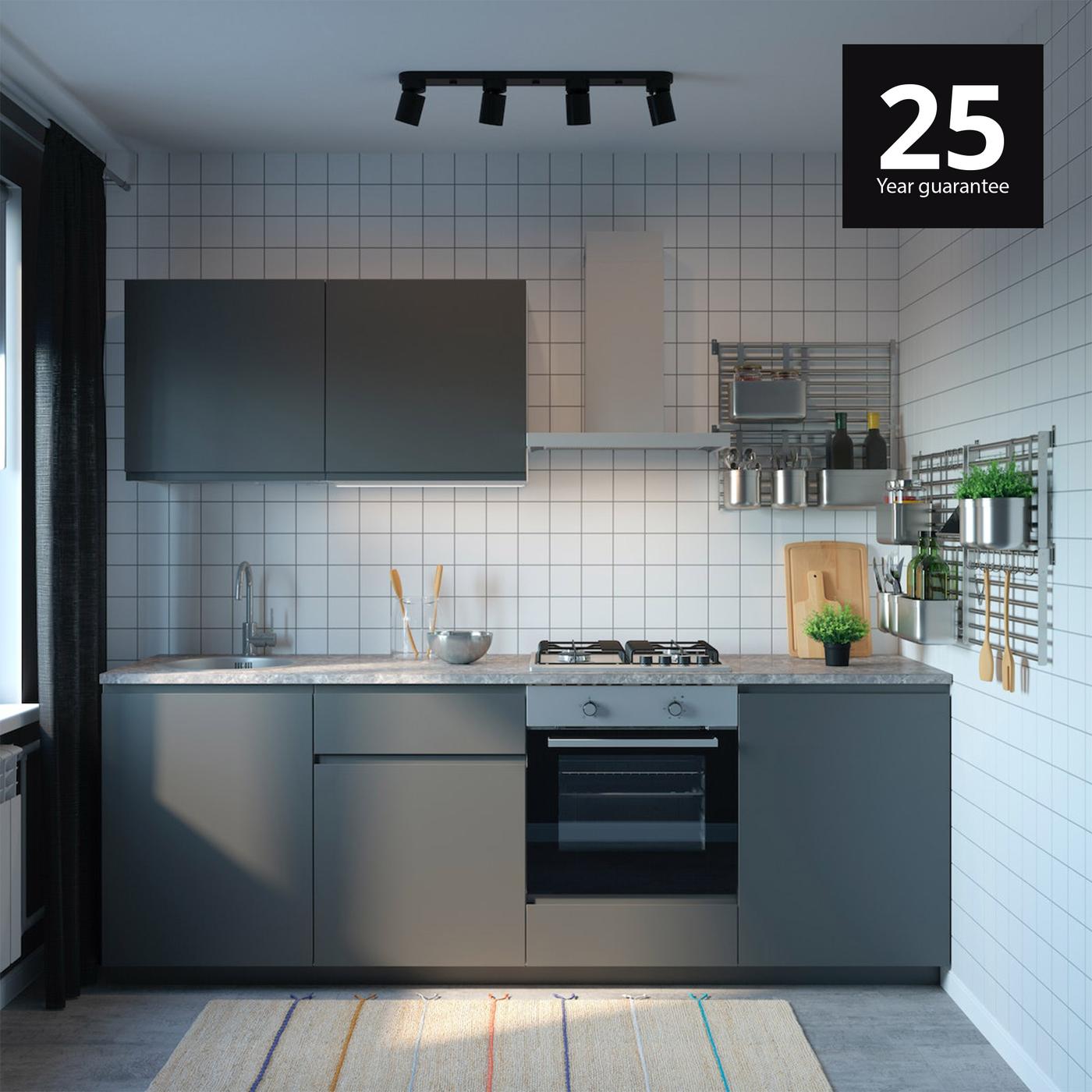 Grey METOD kitchen with 25 year guarantee logo.