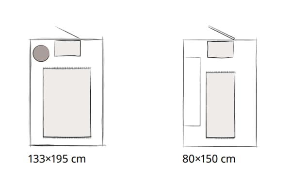 Größenvergleich von Flurteppichen: 133×195 cm und 80×150 cm, ideal für schmale Räume und Eingangsbereiche.