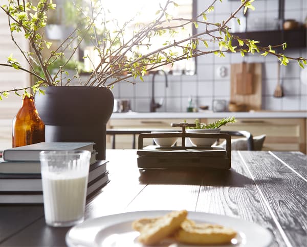 Gros plan d'une table en bois foncé décorée de plantes vertes.