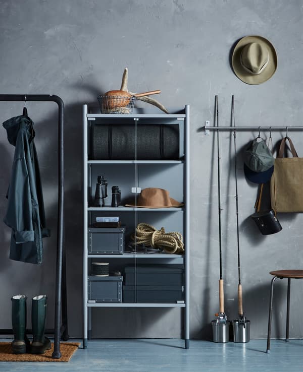 Hallway storage ideas, including a rack for hanging clothes, a rail for equipment, and an open shelf for storage.