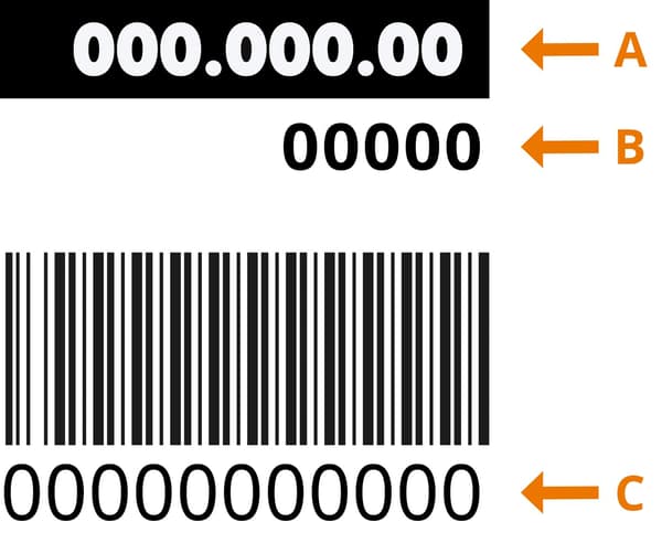 How to locate your article number (A), manufacturer number (B), and service number (C)