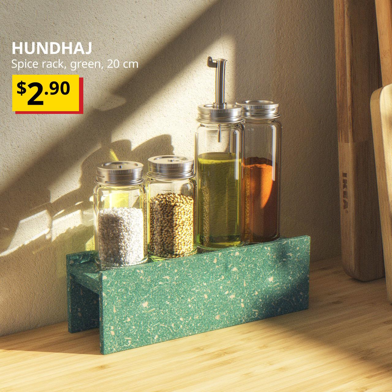 HUNDHAJ spice rack, green, 20 cm, on kitchen countertop. Price: $2.90